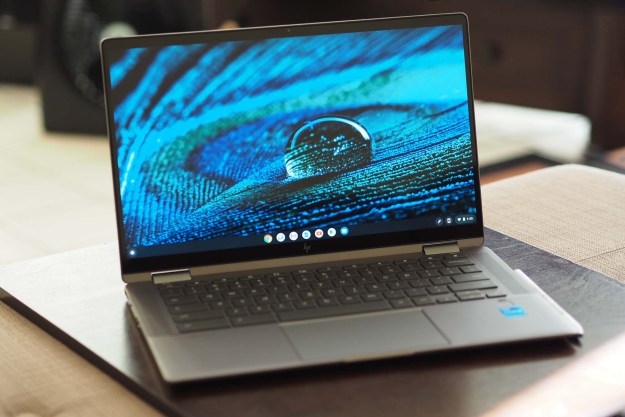 HP Chromebook x360 14c sitting angled on a desk.