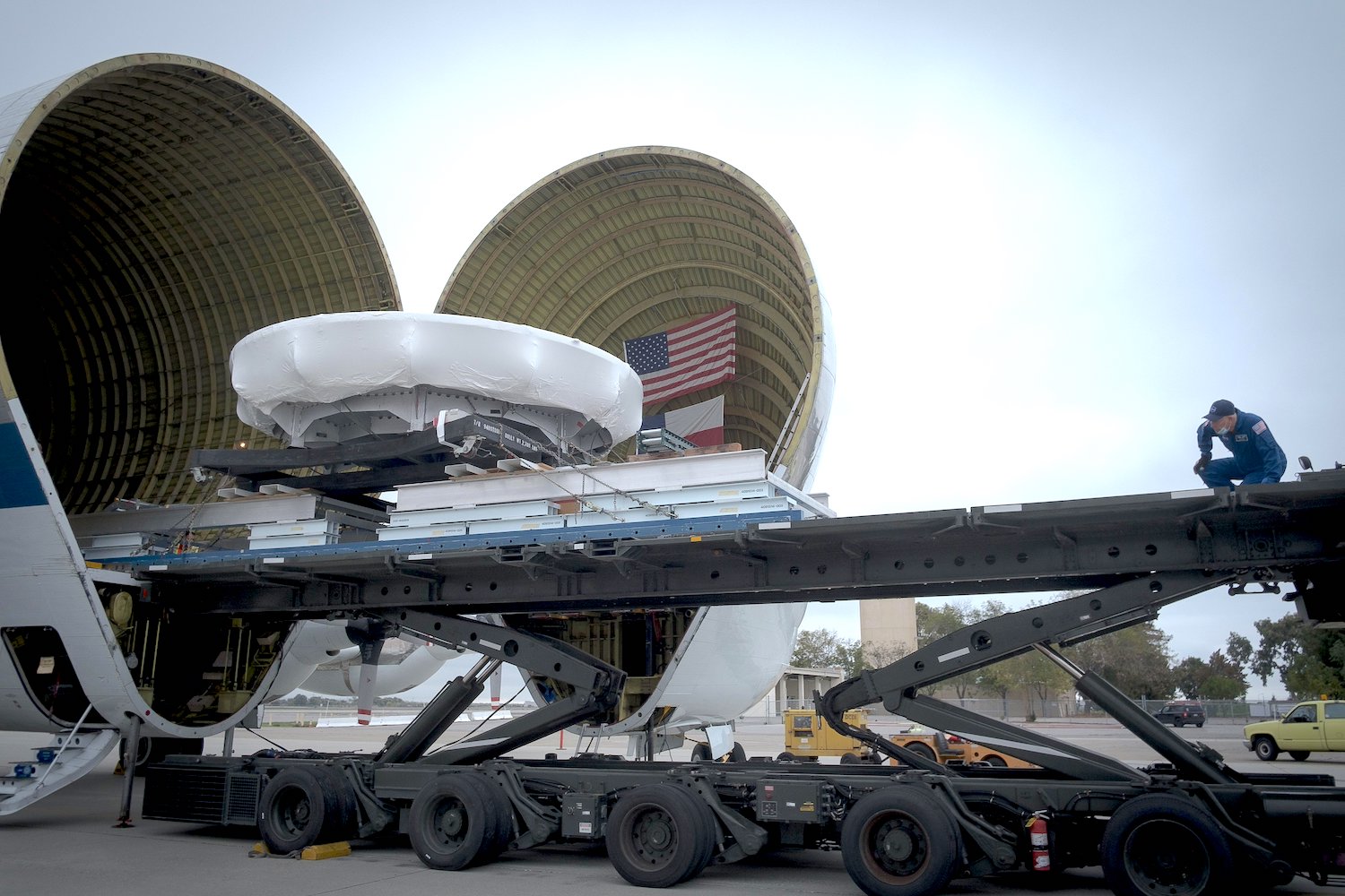 Orion's heat shield skin being taken off NASA's Super Guppy aircraft.