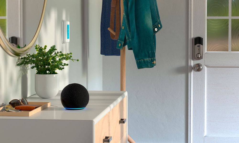 Echo Dot on an entryway table.