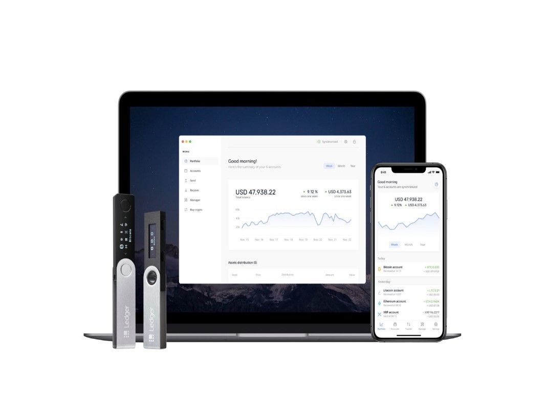 Ledger hardware wallets with app on desktop and mobile.