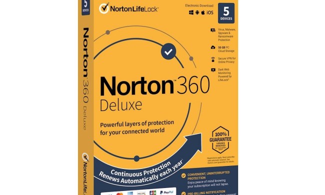 The box of the Norton 360 Deluxe antivirus software with LifeLock.