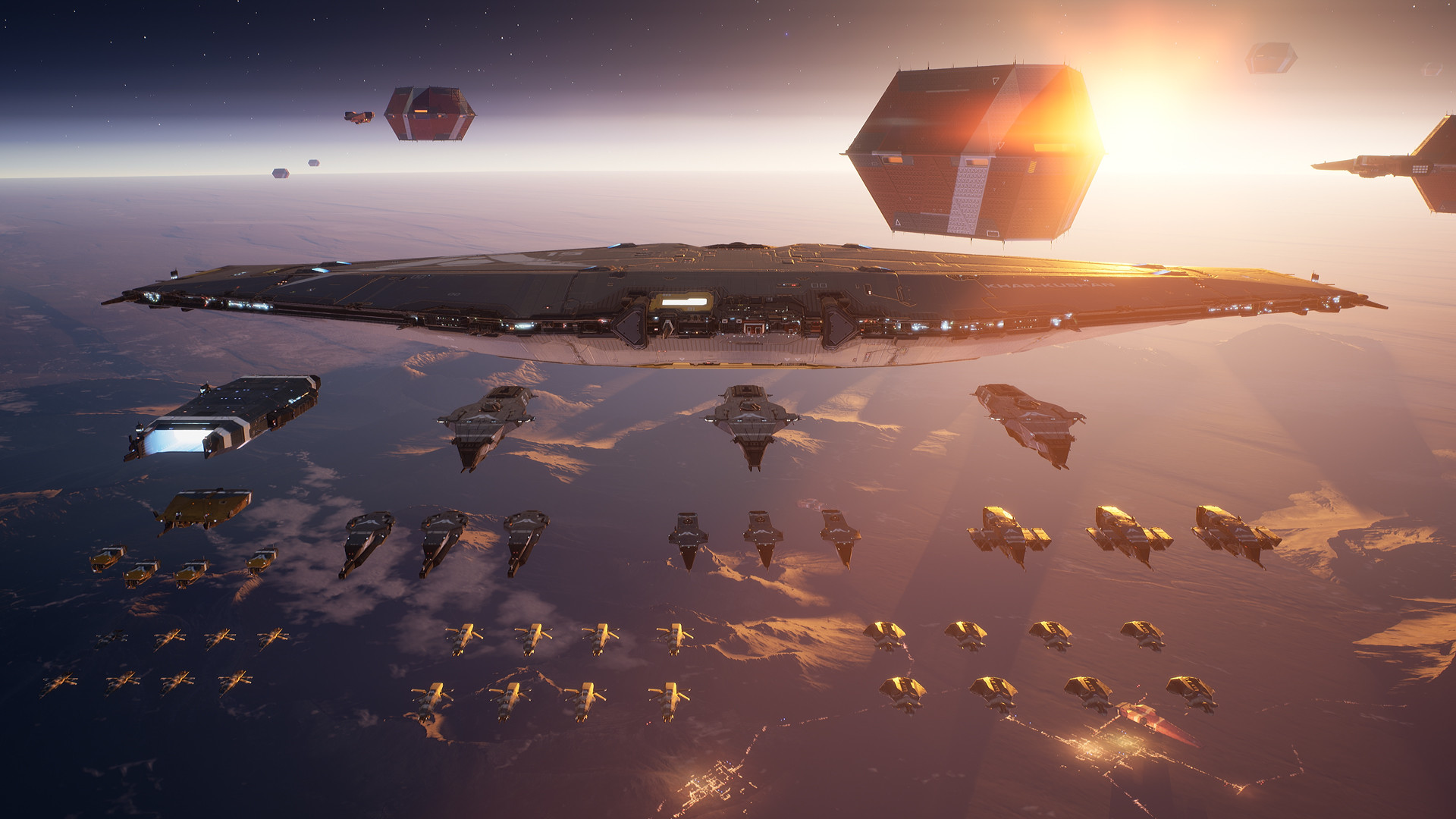 A massive space fleet in formation.