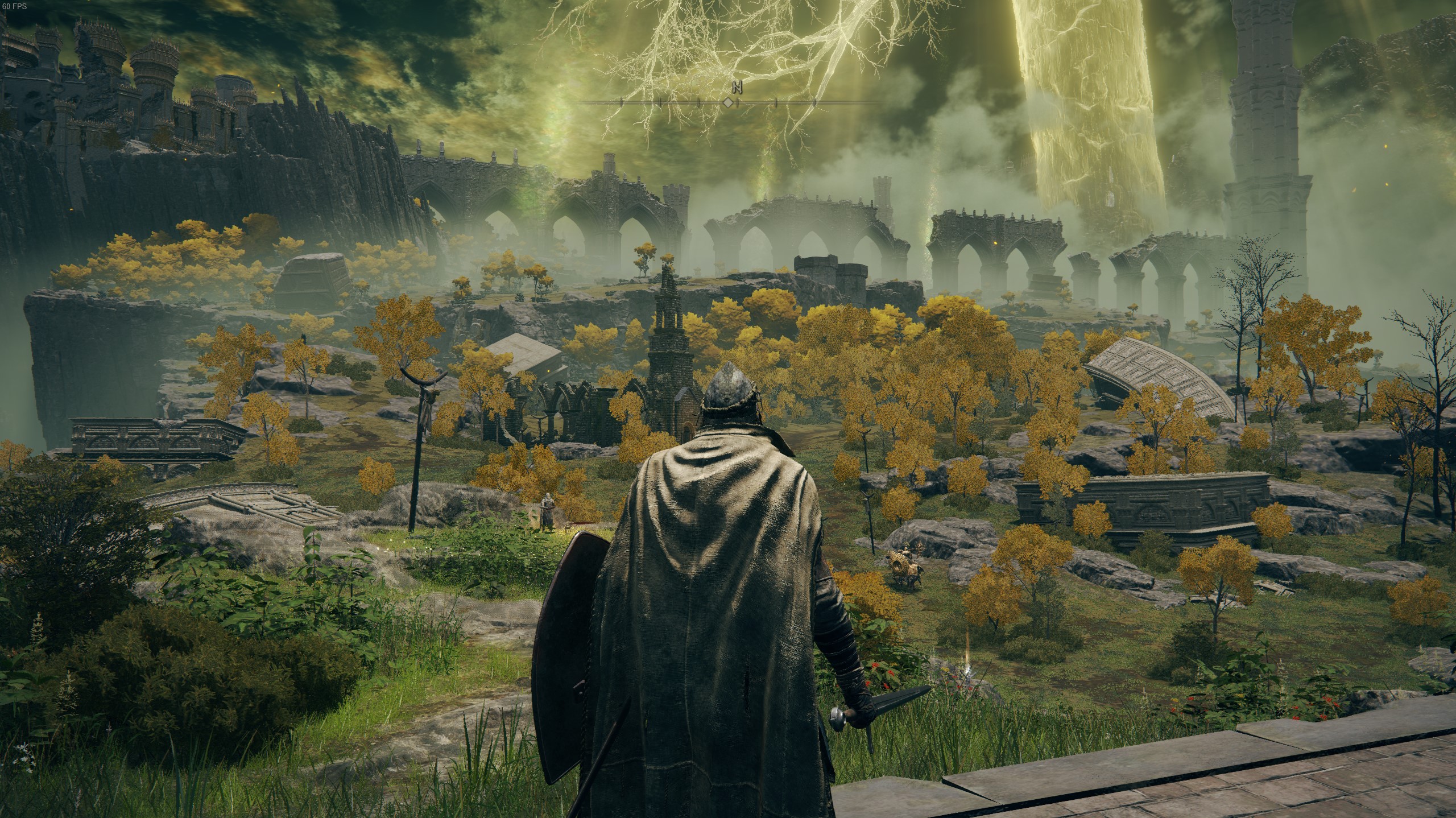 A character stares out over Limgrave in Elden Ring.