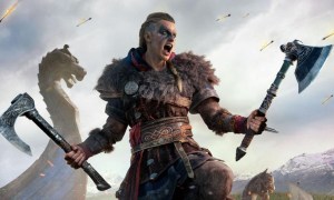 The protagonist of Assassin's Creed: Valhalla shouting in battle and wielding two axes.