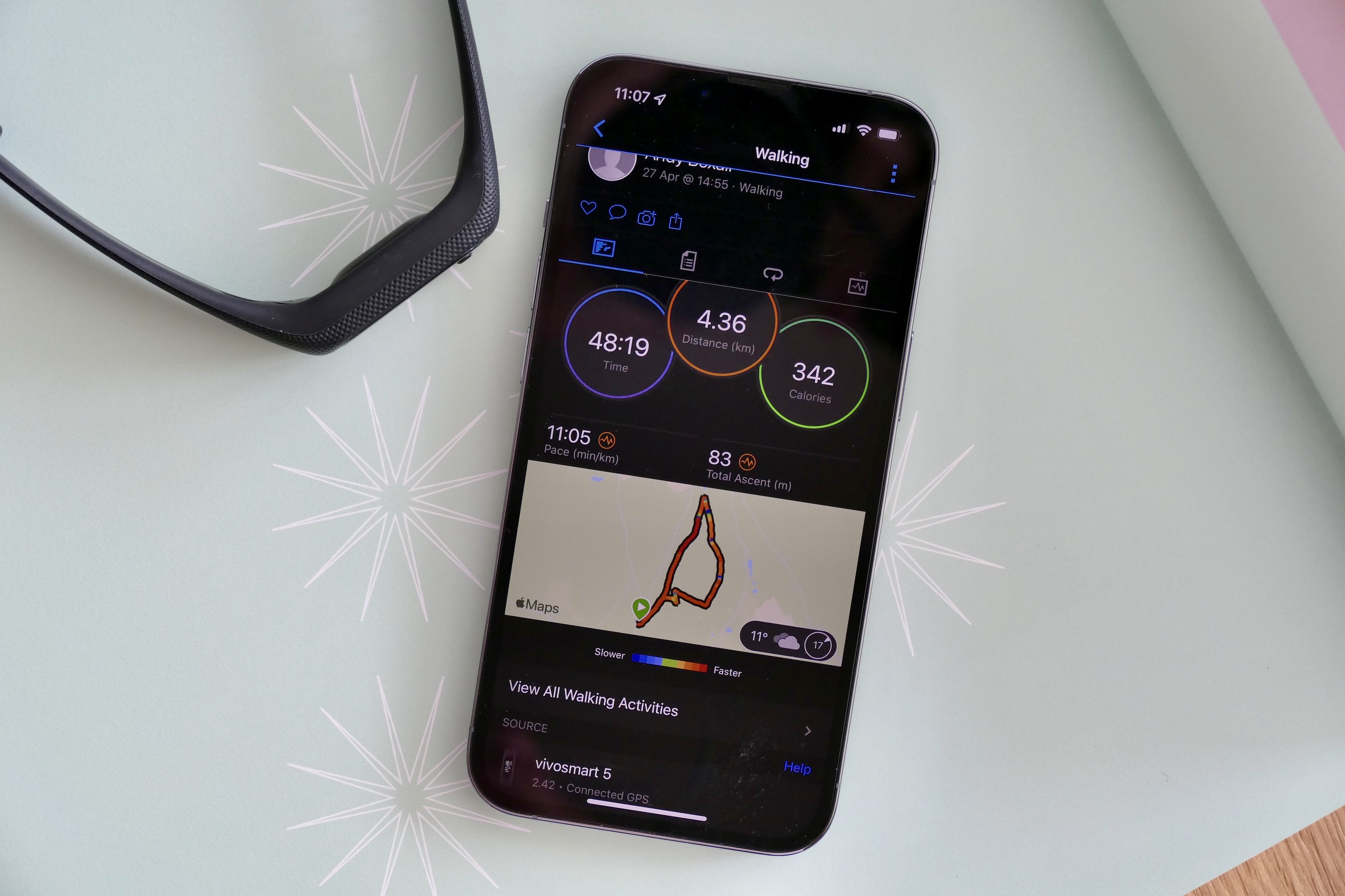 Garmin Vivosmart 5 Connect app walking data.