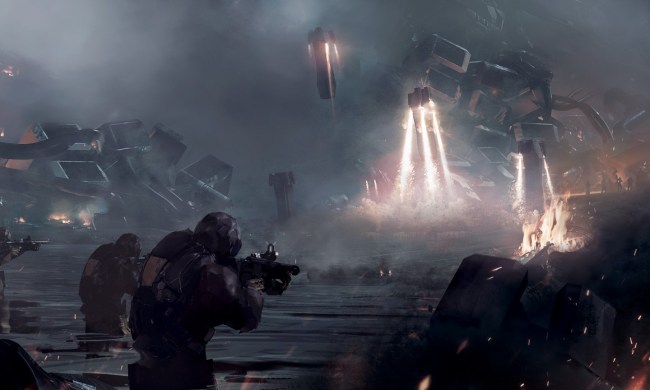 Soldiers walk through water and wreckage in EVE Online's multiplayer FPS.