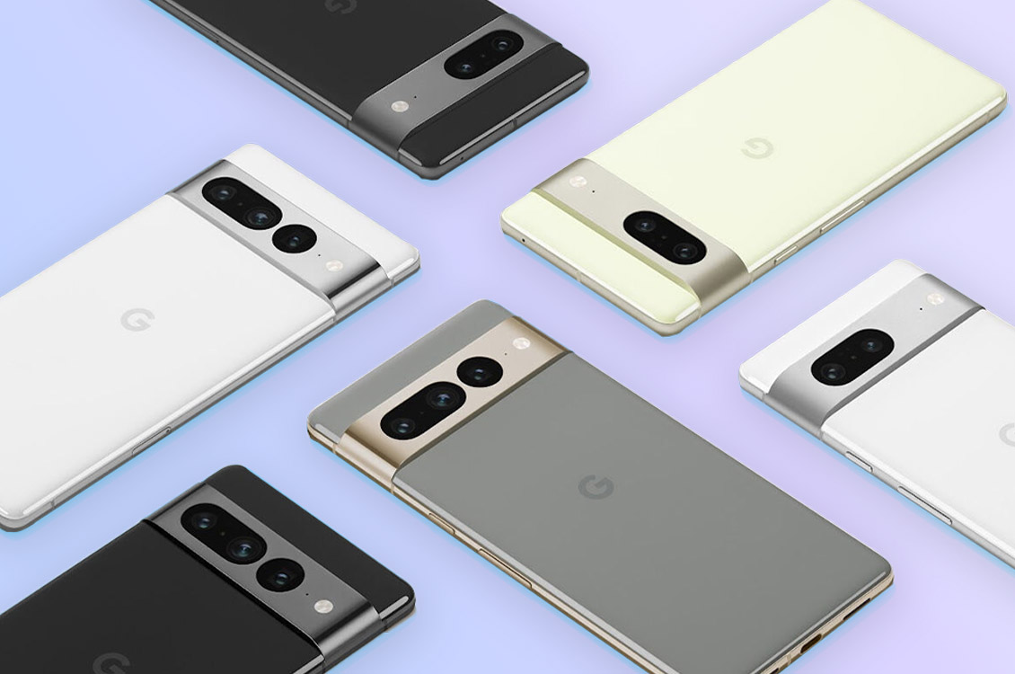 A variety of Google Pixel 7 and Pixel 7 Pros sit on a purple background.