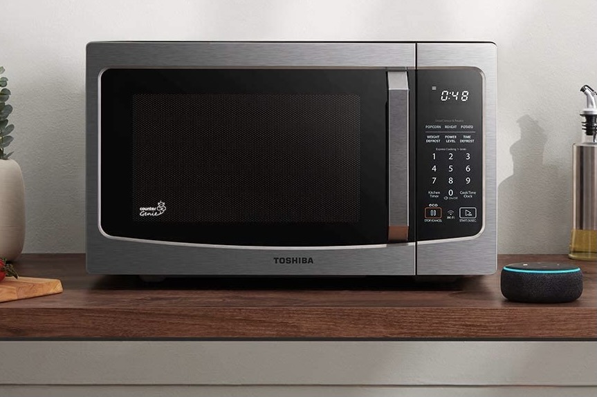 The Toshiba ML-EM34 Smart Microwave on a counter.
