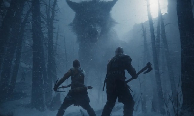 Kratos and his son stare down a wolf in God of War Ragnarok.