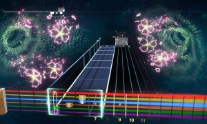 Rocksmith+'s interface shows music notes coming towards the screen.