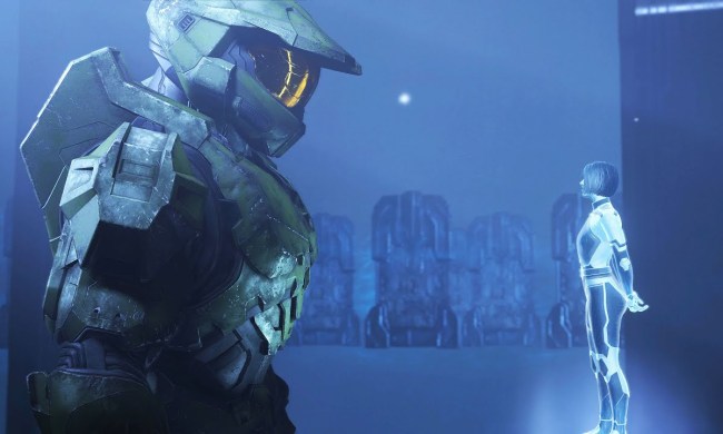 Master Chief meeting the Weapon in Halo Infinite.