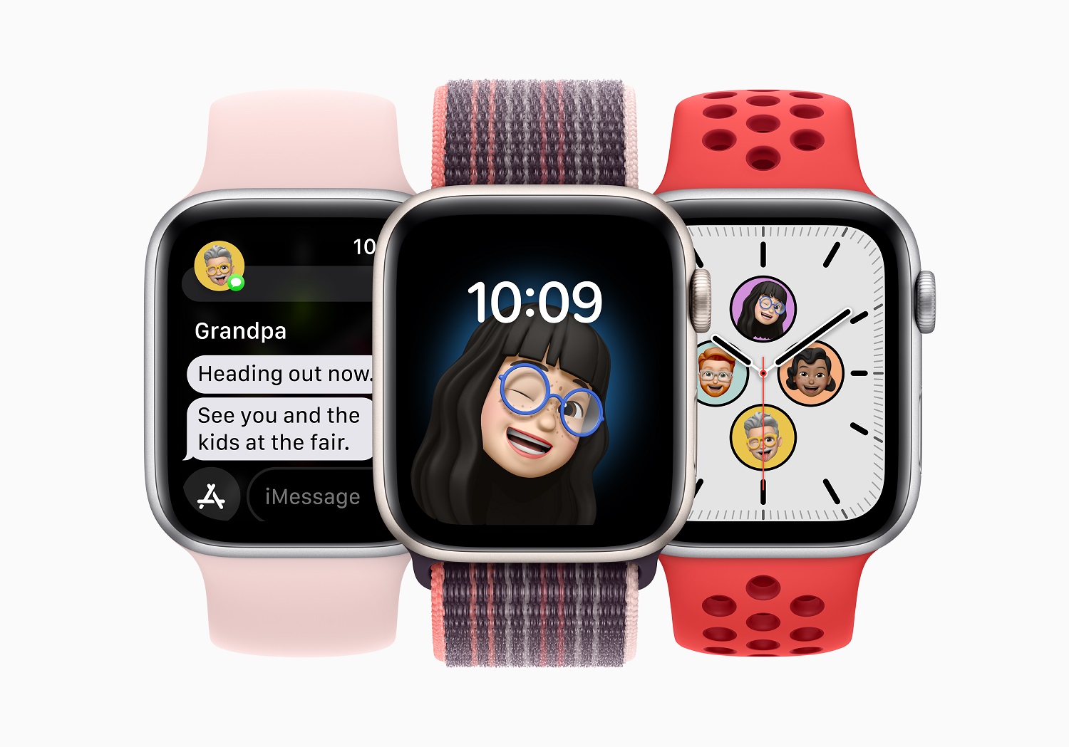 Three Apple Watch Series 8 displaying family setup options.