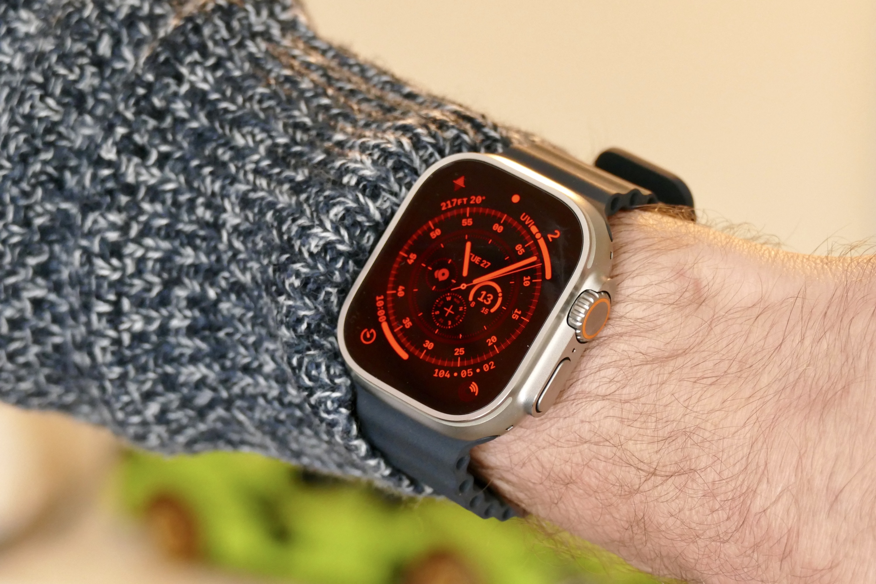 Night mode on the Apple Watch Ultra's Wayfinder watch face.