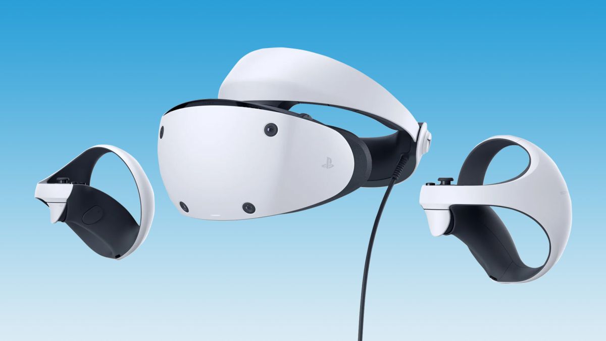 A PSVR2 headset on a sky-blue background.