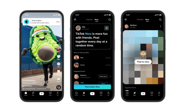 A series of three mobile screenshots showing TikTok's new TikTok Now feature.