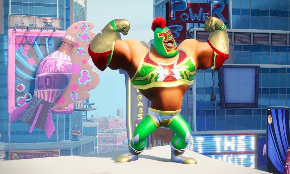 Rumbleverse luchador posing infront of a city.