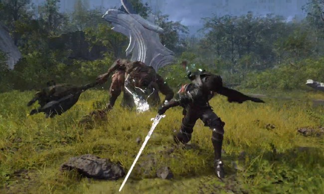 Screenshot of the main character from Final Fantasy 16 fighting an enemy.