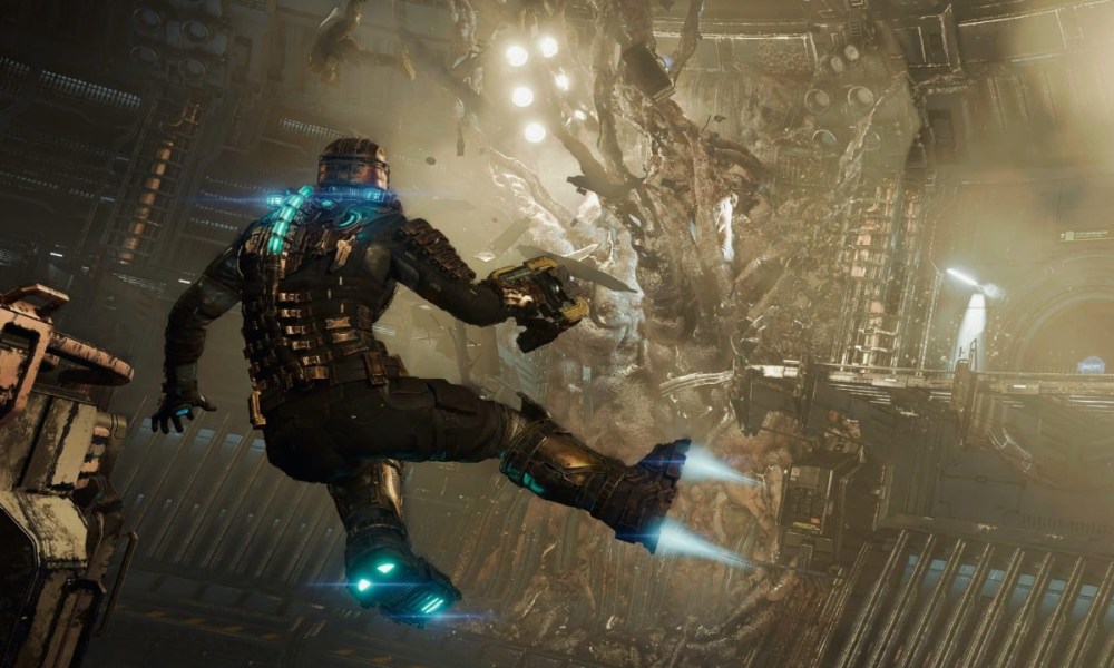 Issac Clarke flying through machinery in Dead Space remake.