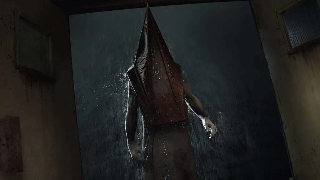 Pyramid Head walking in the rain.