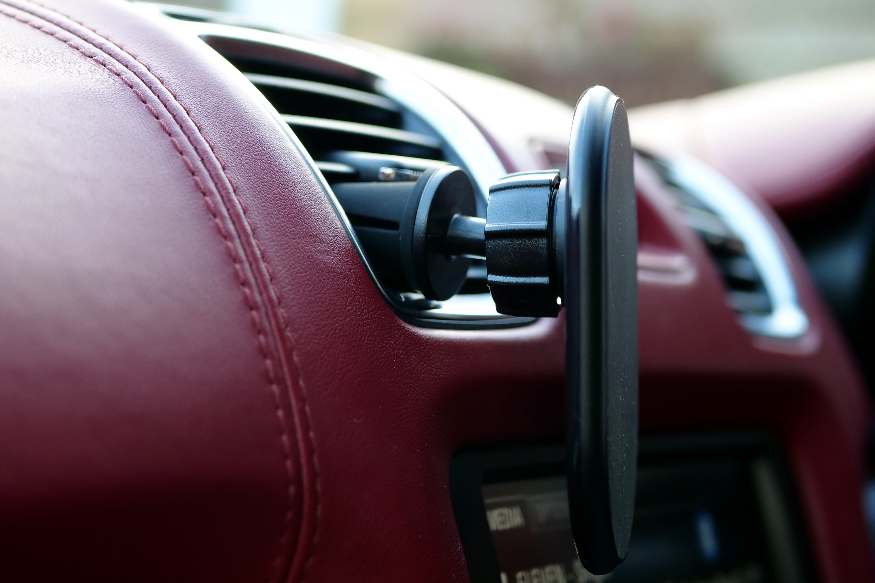 Belkin BoostCharge Magnetic Wireless Car Charger from the side.