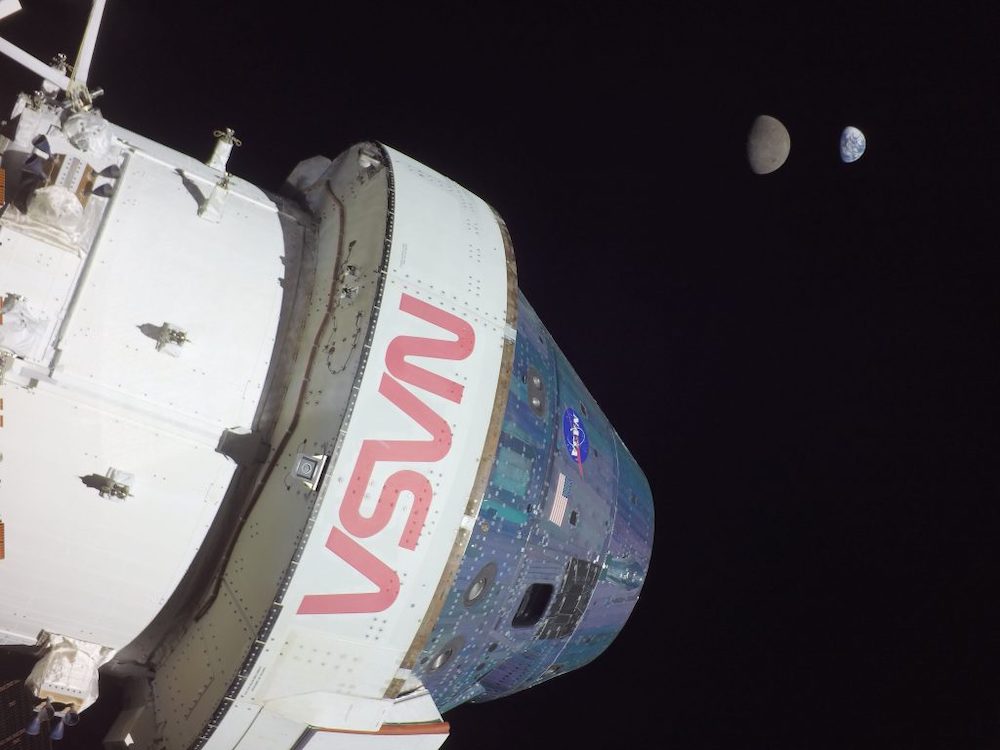 The moon and Earth as seen from the Orion spacecraft in November 2022.