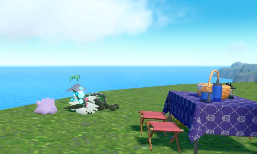 A Meowscarada and a Ditto at a picnic.