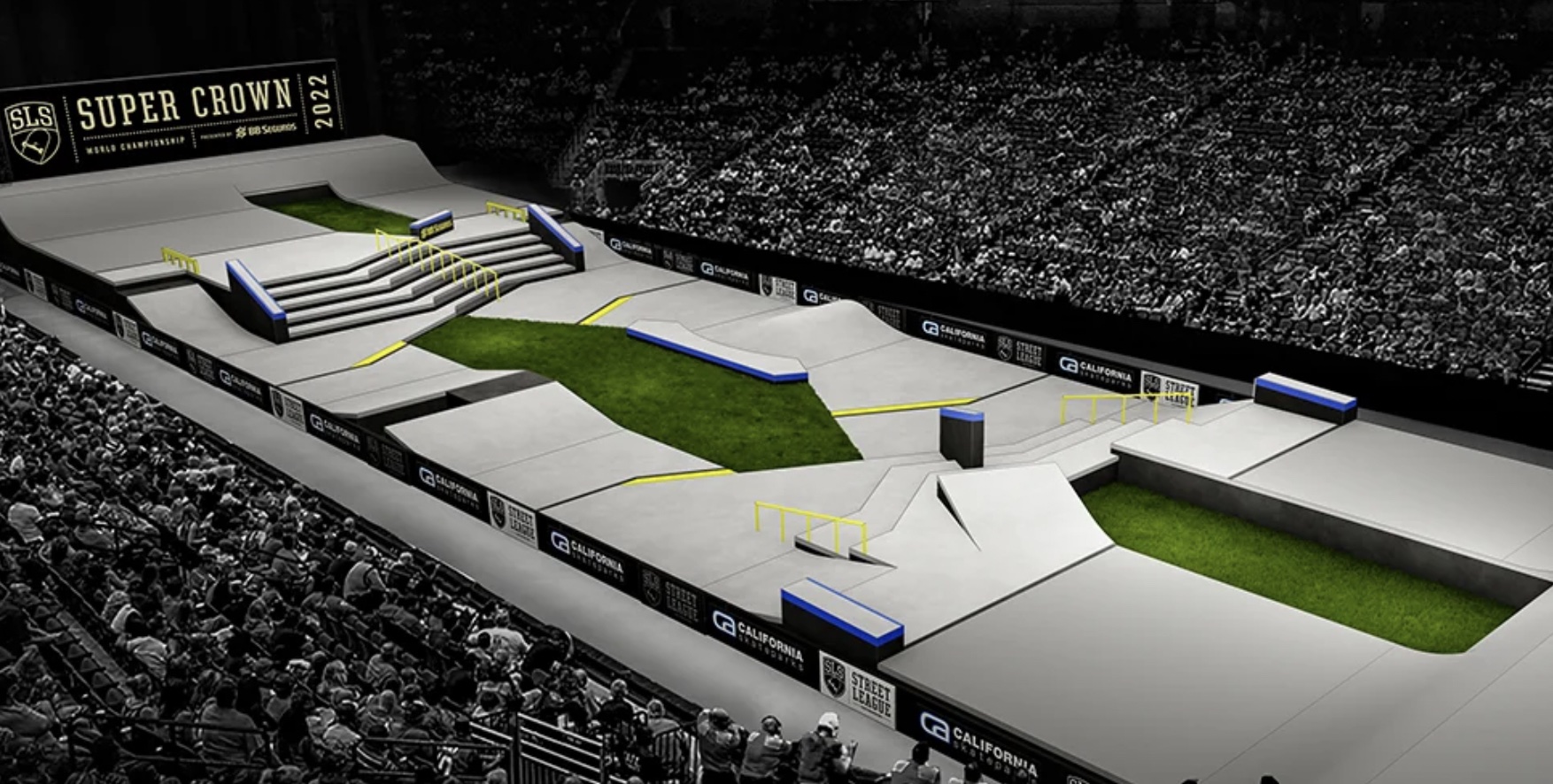 Aerial view of a skateboarding arena.