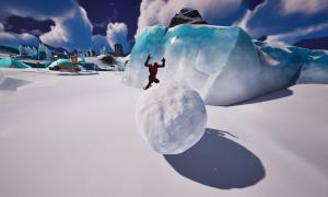 Daredevil diving into giant snowball in Fortnite.