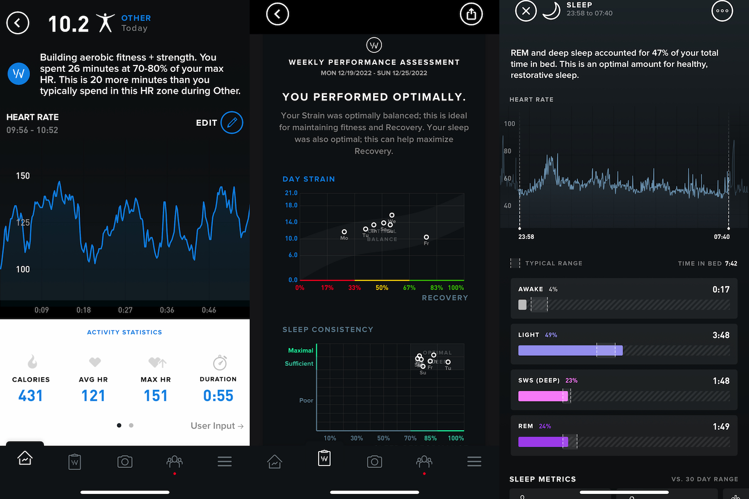 Whoop 4.0 app screens showing sleep and workout data.