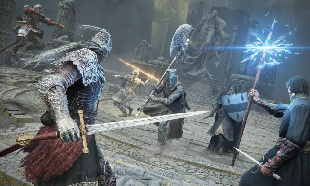 Multiple players dueling in Elden Ring.