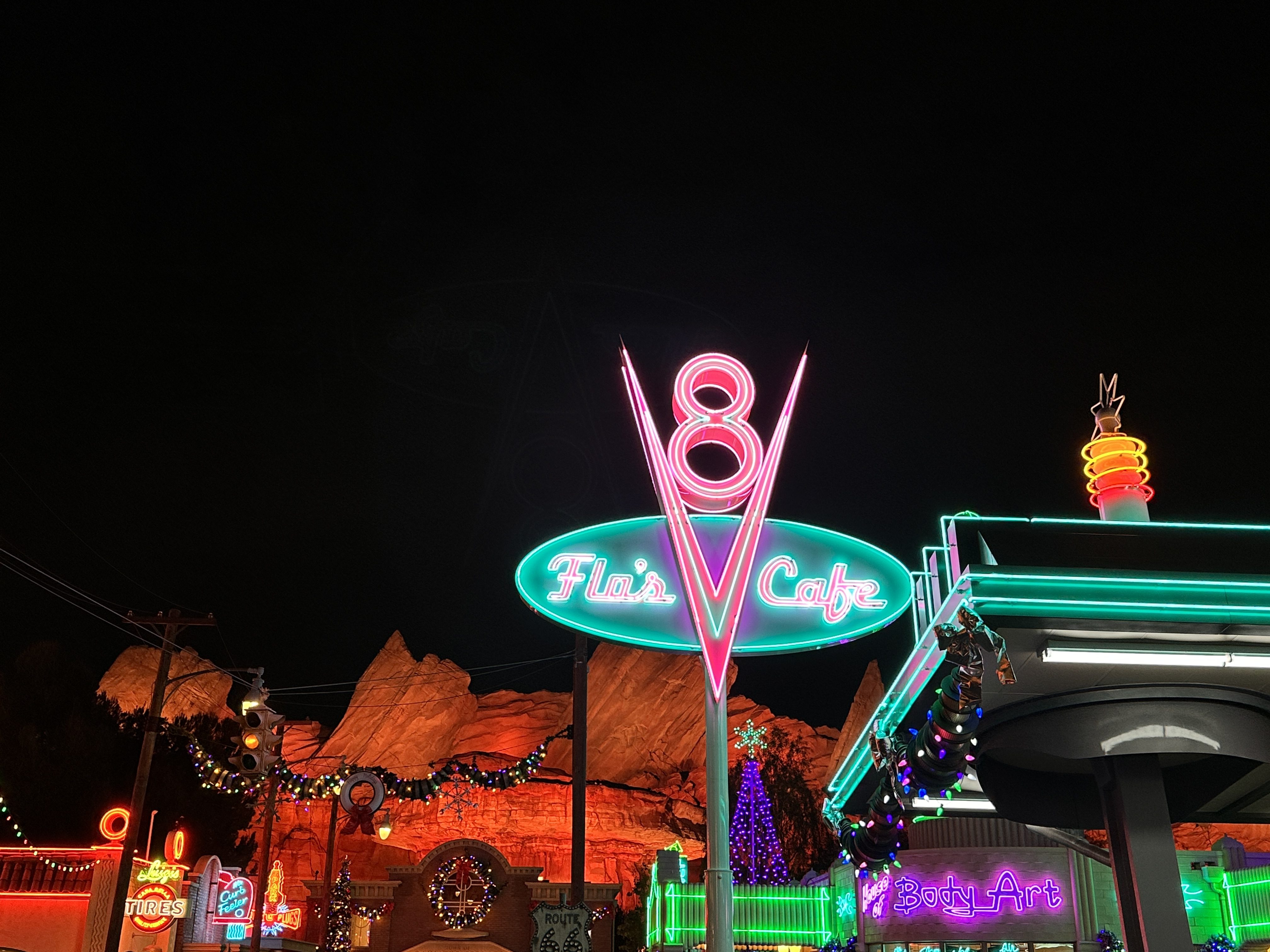 Flo's V8 Cafe neon sign warm photographic style