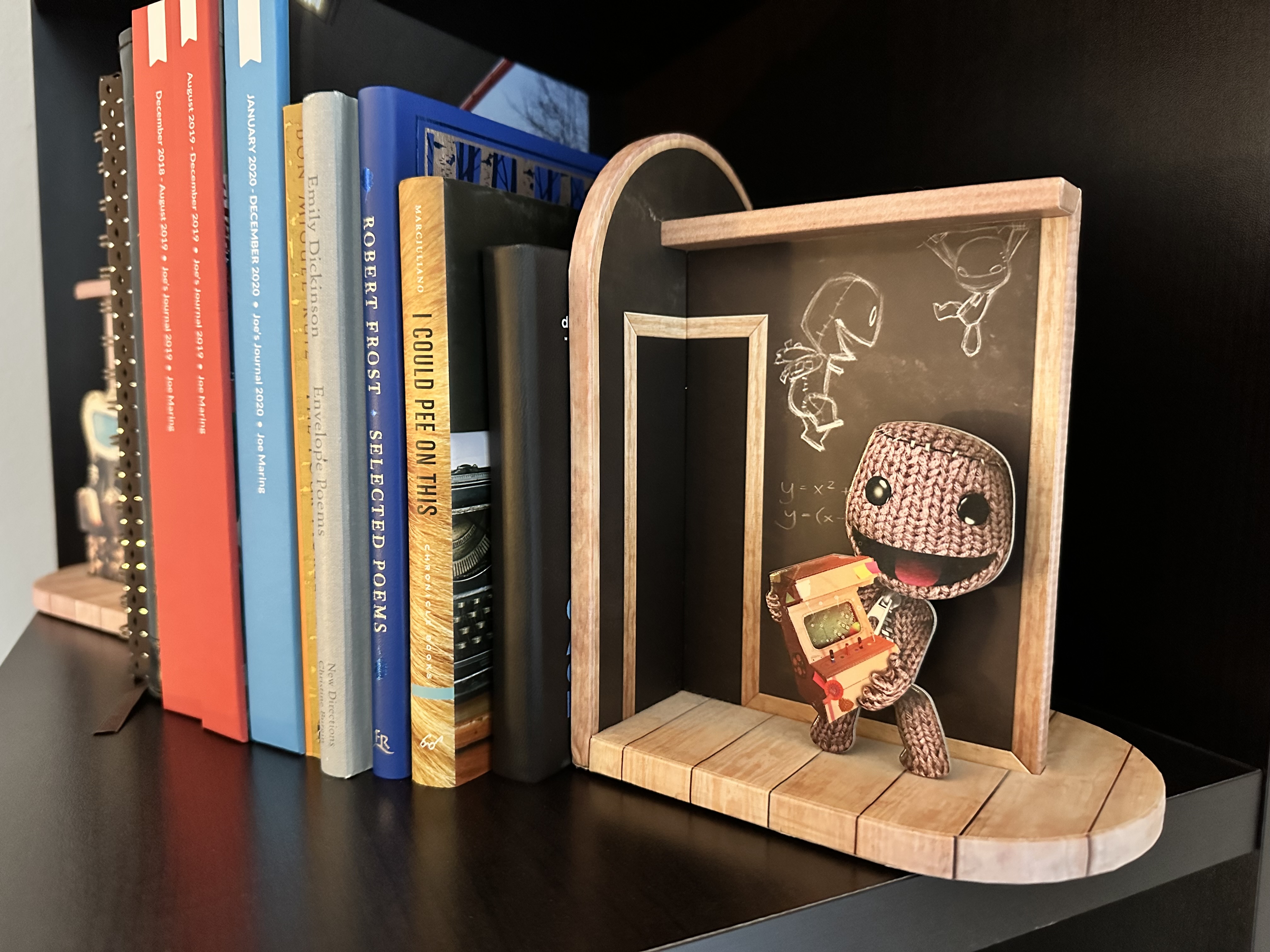 Photo of books standing up with LittleBigPlanet bookends.