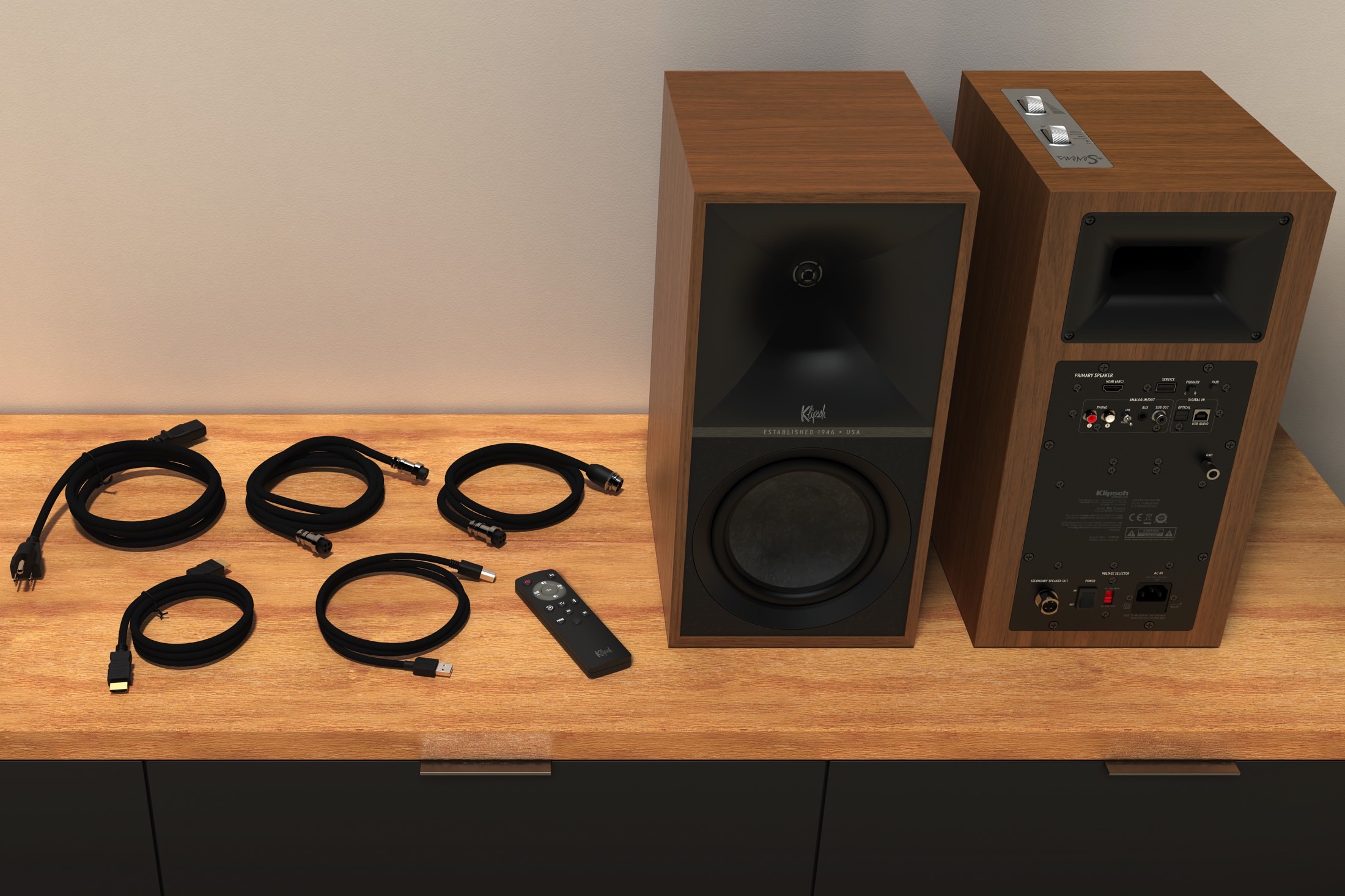 Klipsch The Sevens in walnut finish with accessories.