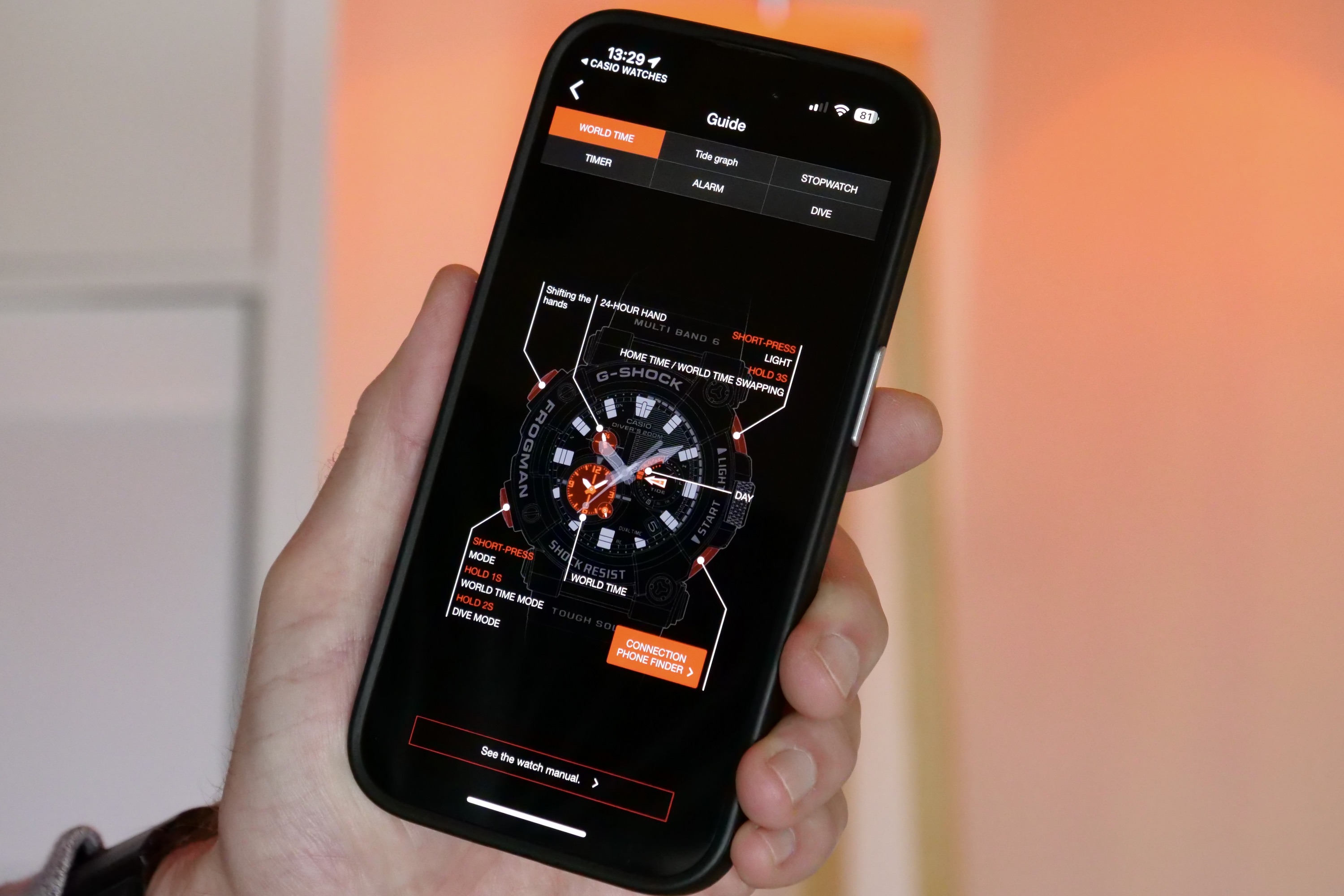 Casio's G-Shock Connected app for the G-Shock Poison Dart Frog Frogman watch.