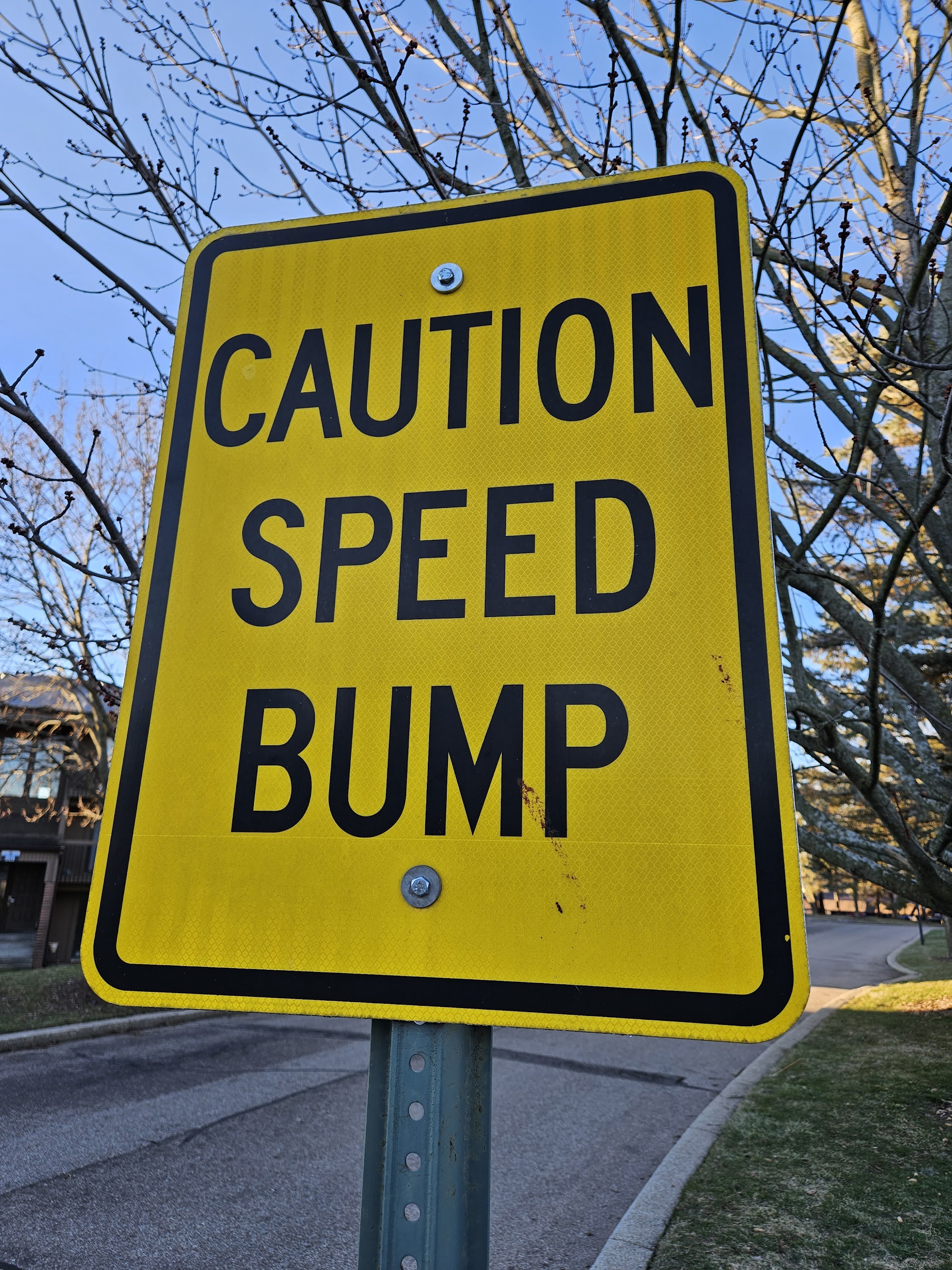 Samsung Galaxy S23 Plus photo of a "Caution Speed Bump" yellow sign.