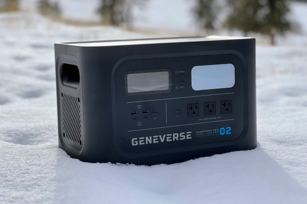 A Geneverse HomePower Two Pro power station is plopped down in the snow.