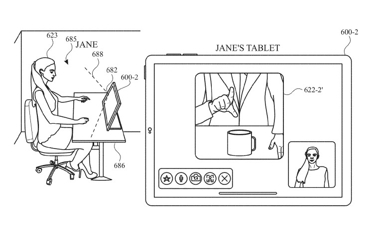 An illustration from an Apple patent depicting a person performing gesture controls to zoom in on an element on their screen.