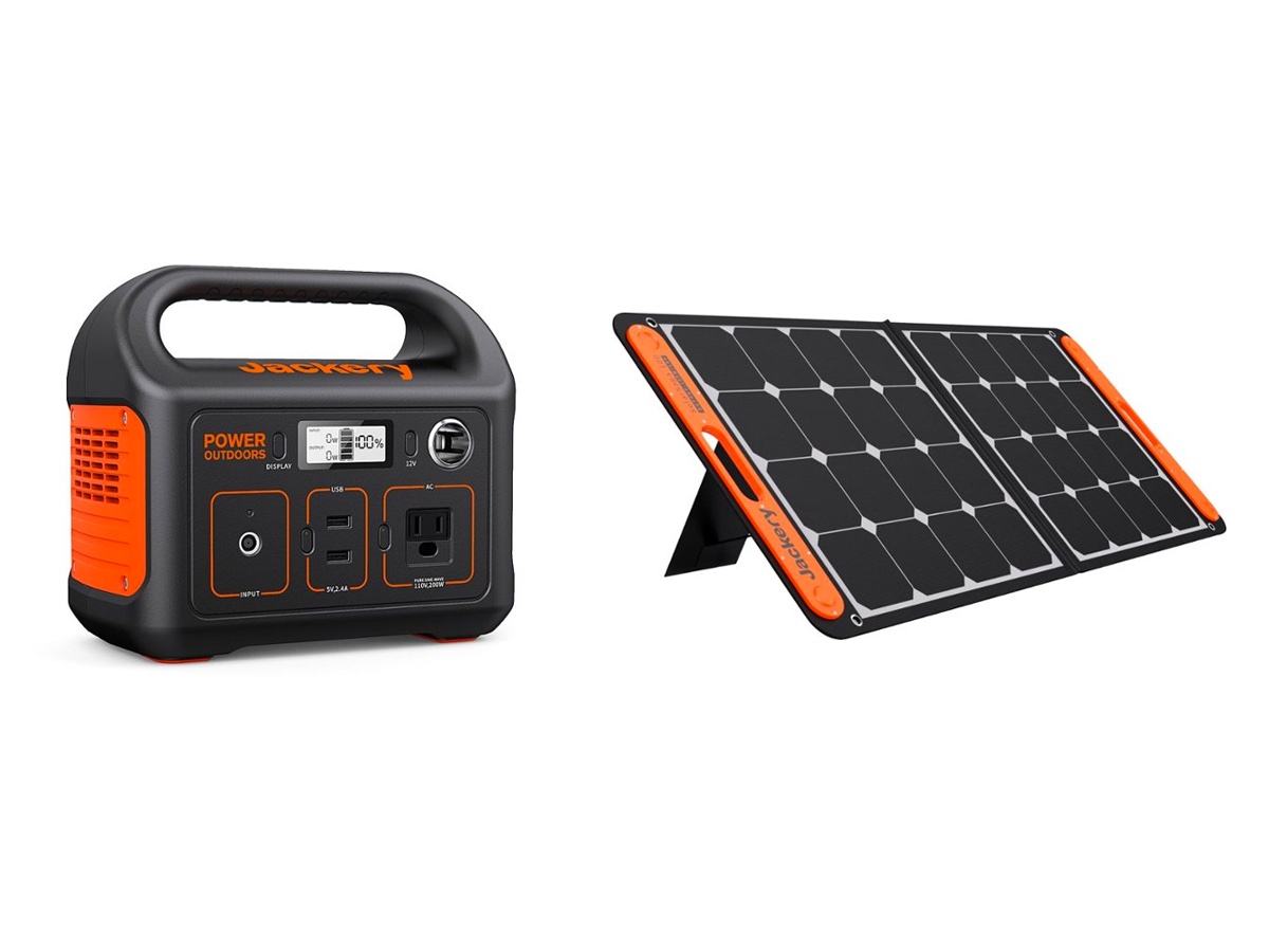 The Jackery Explorer 290 solar generator with SolarSaga solar panel against a white background.