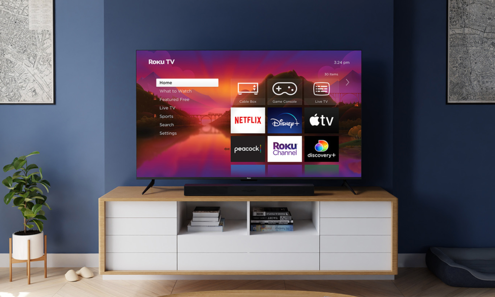 The Roku Class Select Series 4K TV on a media stand.