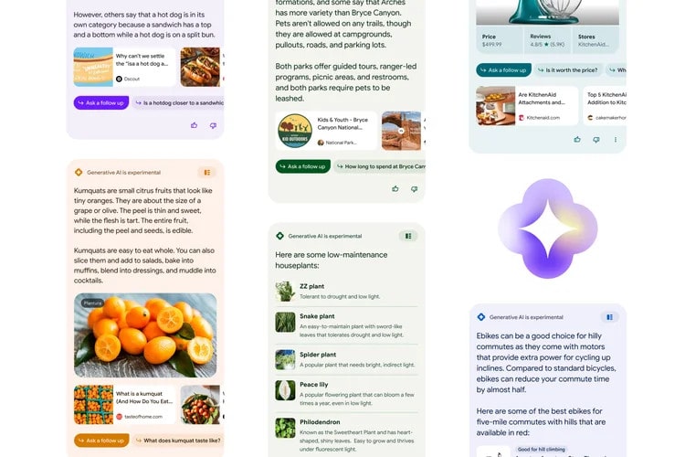 Various example of Google's Search Generative Experience, which is powered by the company's artificial intelligence tools.