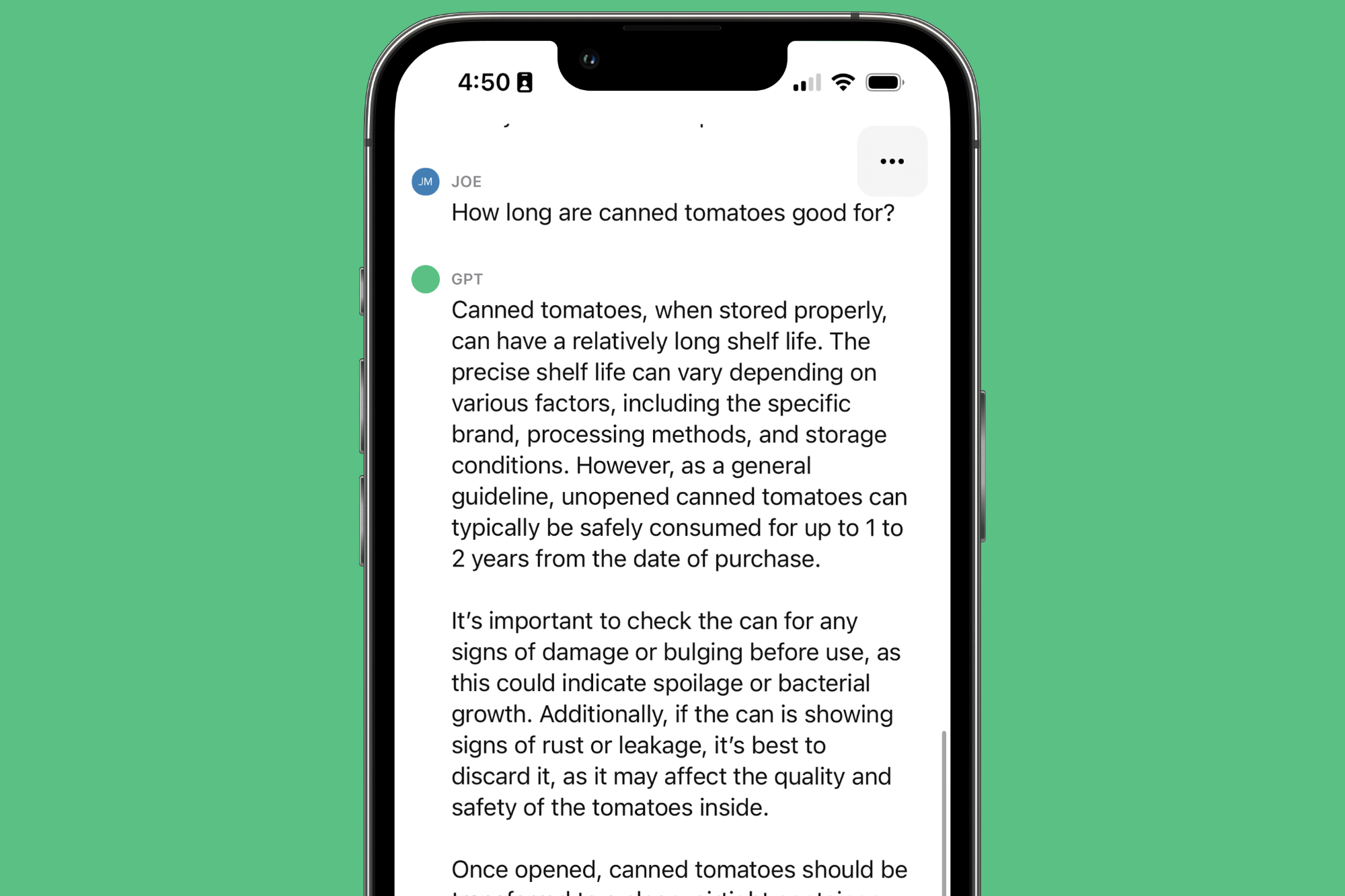The ChatGPT iPhone app answering the question "how long are canned tomatoes good for."