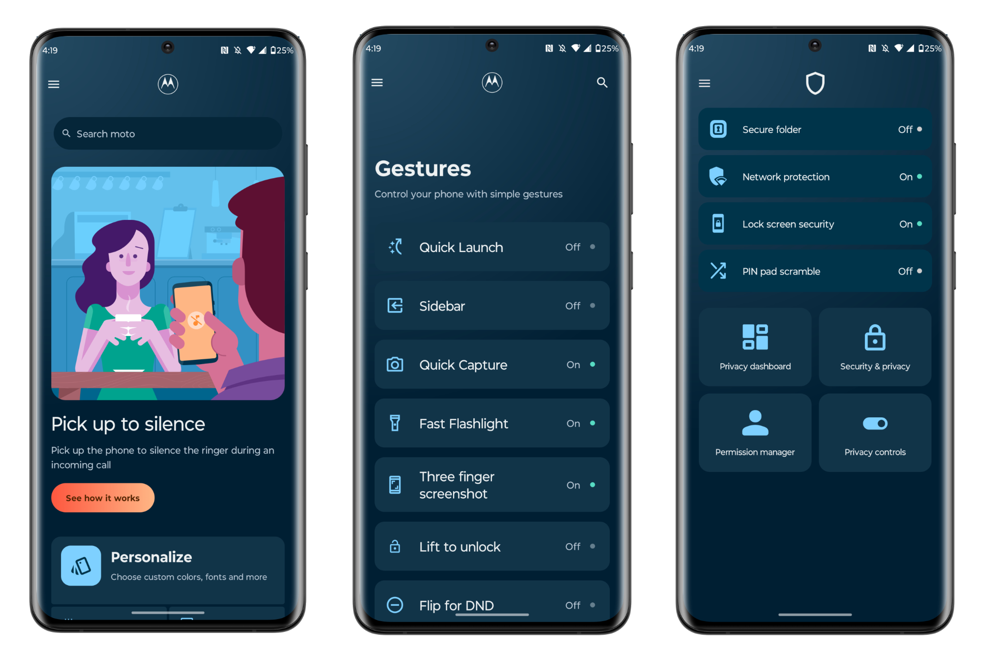 Screenshots of the Moto app for the Motorola Edge Plus (2023).