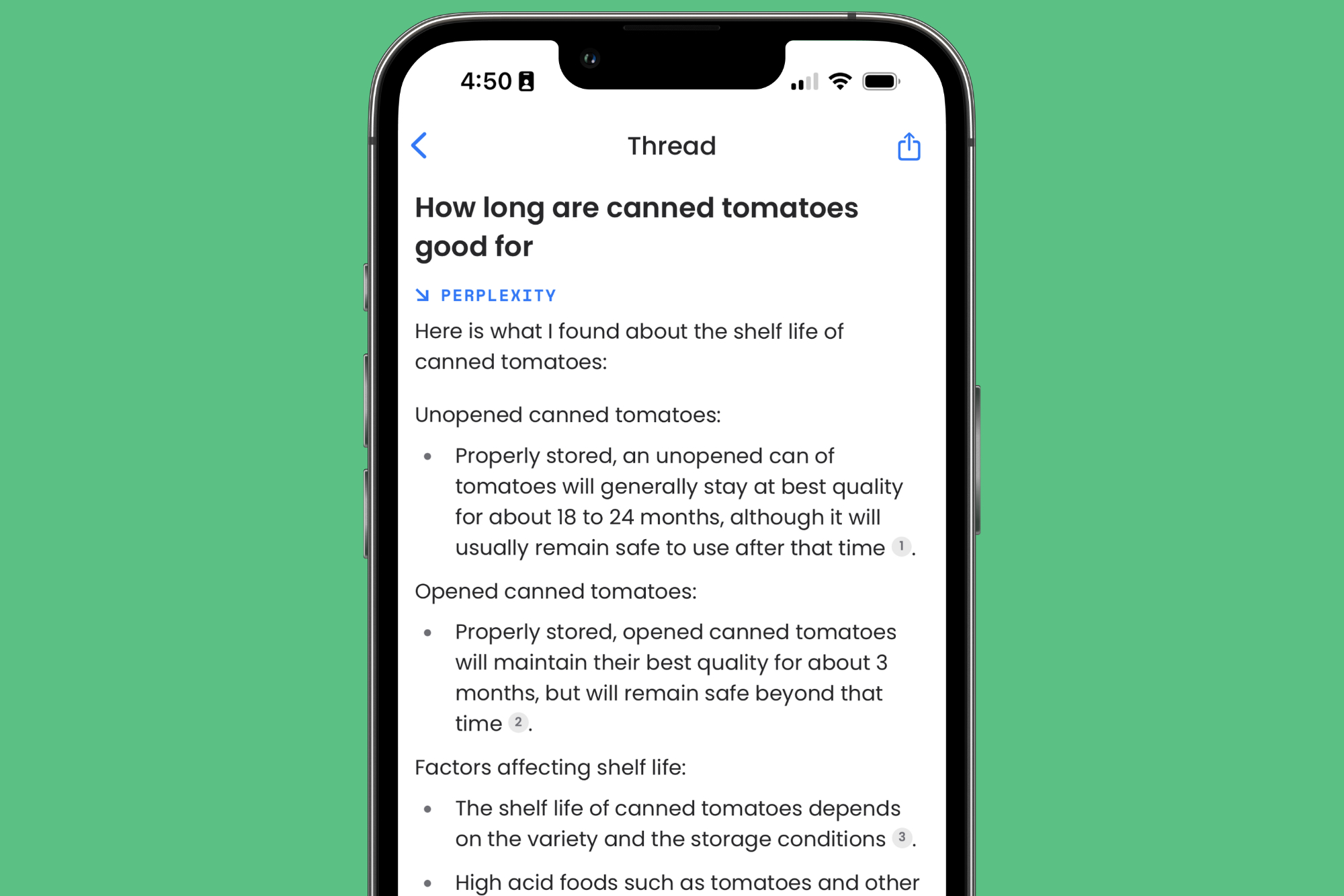 The Perplexity AI iPhone app answering the question "how long are canned tomatoes good for."