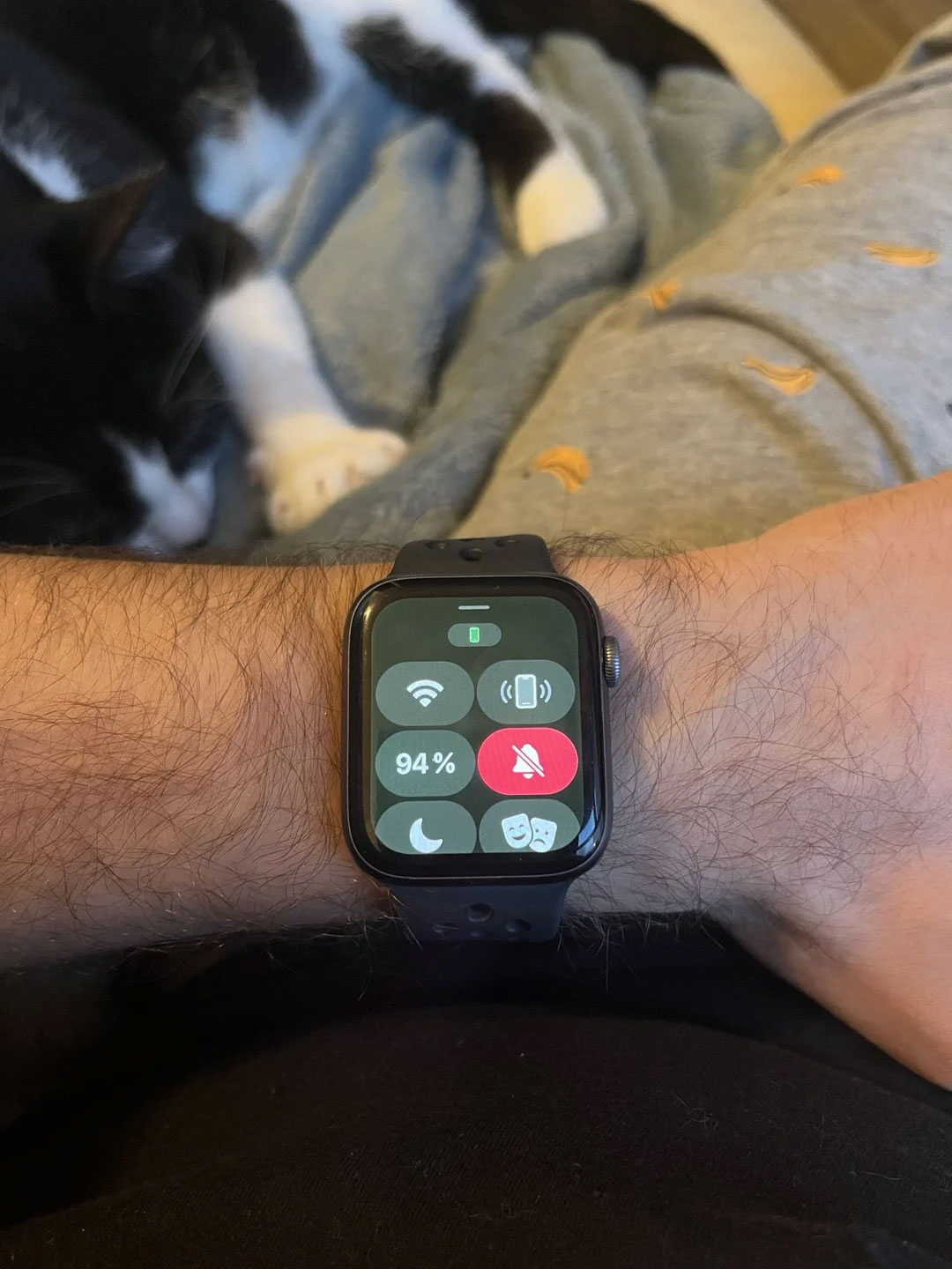 An Apple Watch with a gray/green hue on its display.