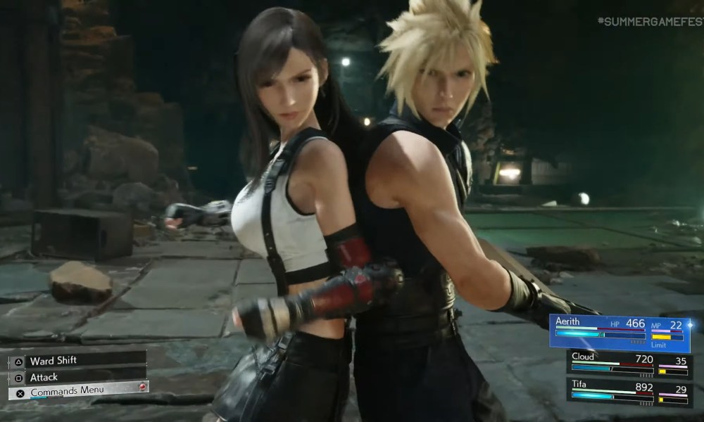 Cloud and Tifa stand back-to-back in a fight.