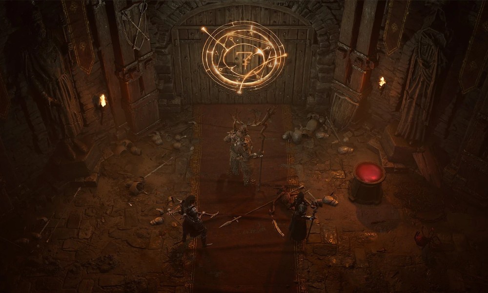 An adventuring party approaches a dungeon door in Diablo 4.