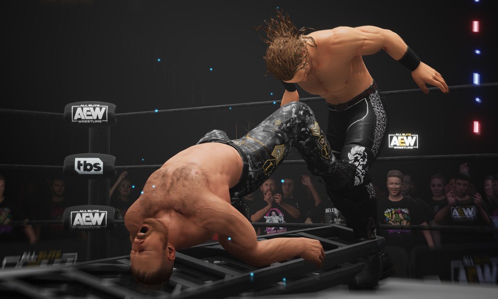 Hangman Adam Page throws Jon Moxley onto a ladder in AEW: Fight Forever.