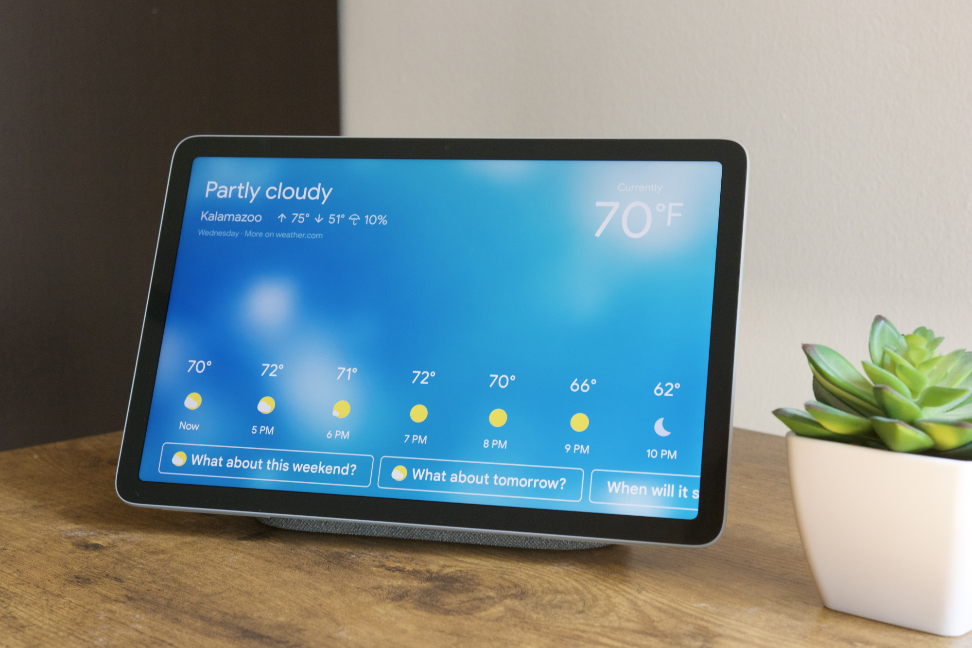 The Google Pixel Tablet showing current weather conditions.