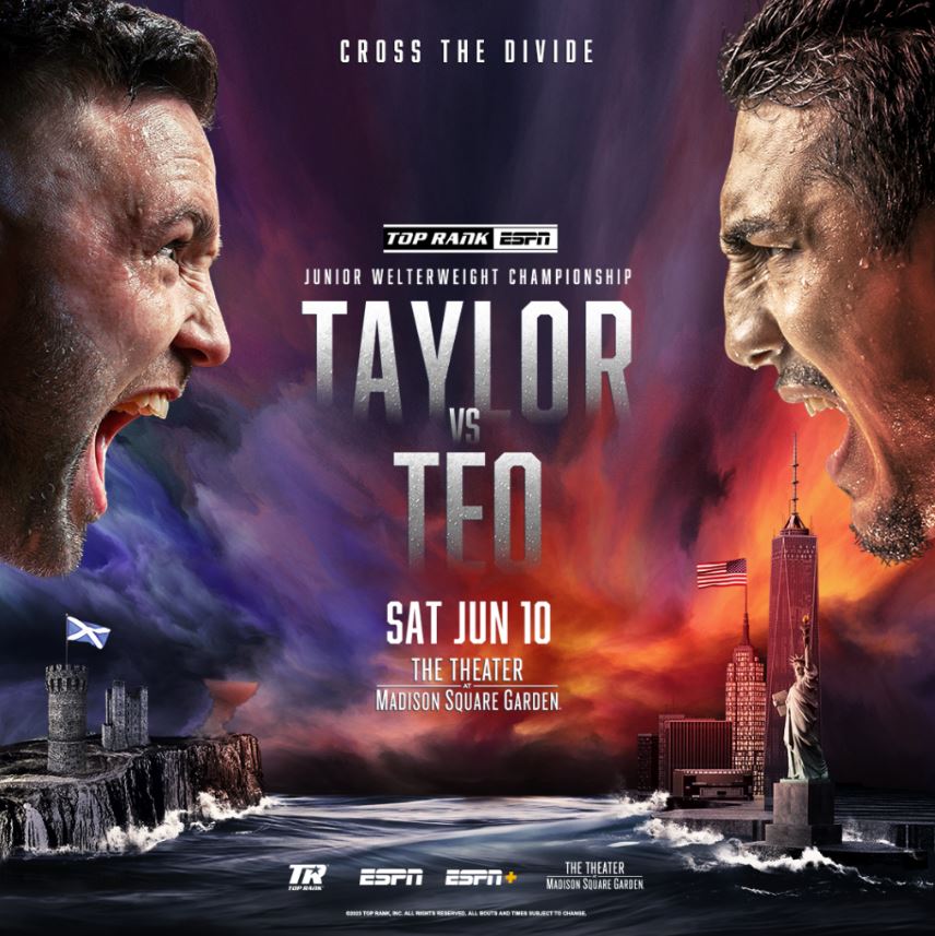 Josh Taylor and Teofimo Lopez stare down in a promo poster.