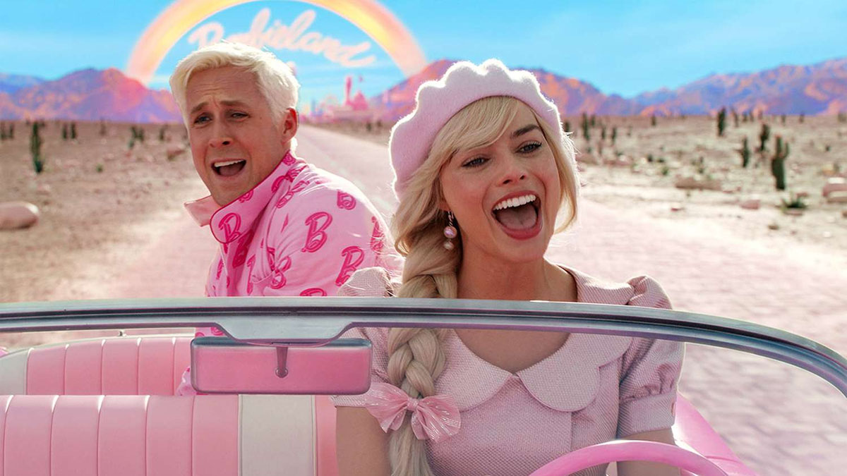 Ryan Gosling and Margot Robbie as Barbie and Ken singing in a car in Barbie.